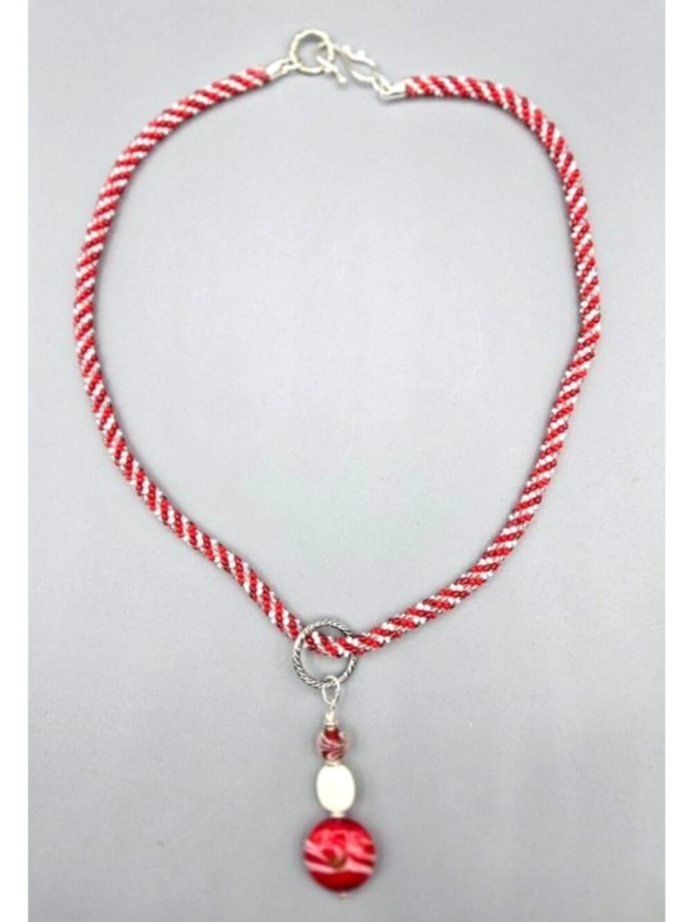 Handmade Red and White Small Seed Bead Kumihimo Necklace w/Lampwork Bead Pendant - Picture 4 of 6